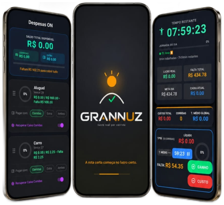 Telas do app Grannuz: despesas, lucro real e turno